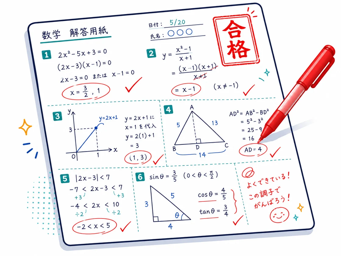 手書きの数学答案が赤ペンで添削され、合格スタンプと励ましのコメントが返ってきたイメージ